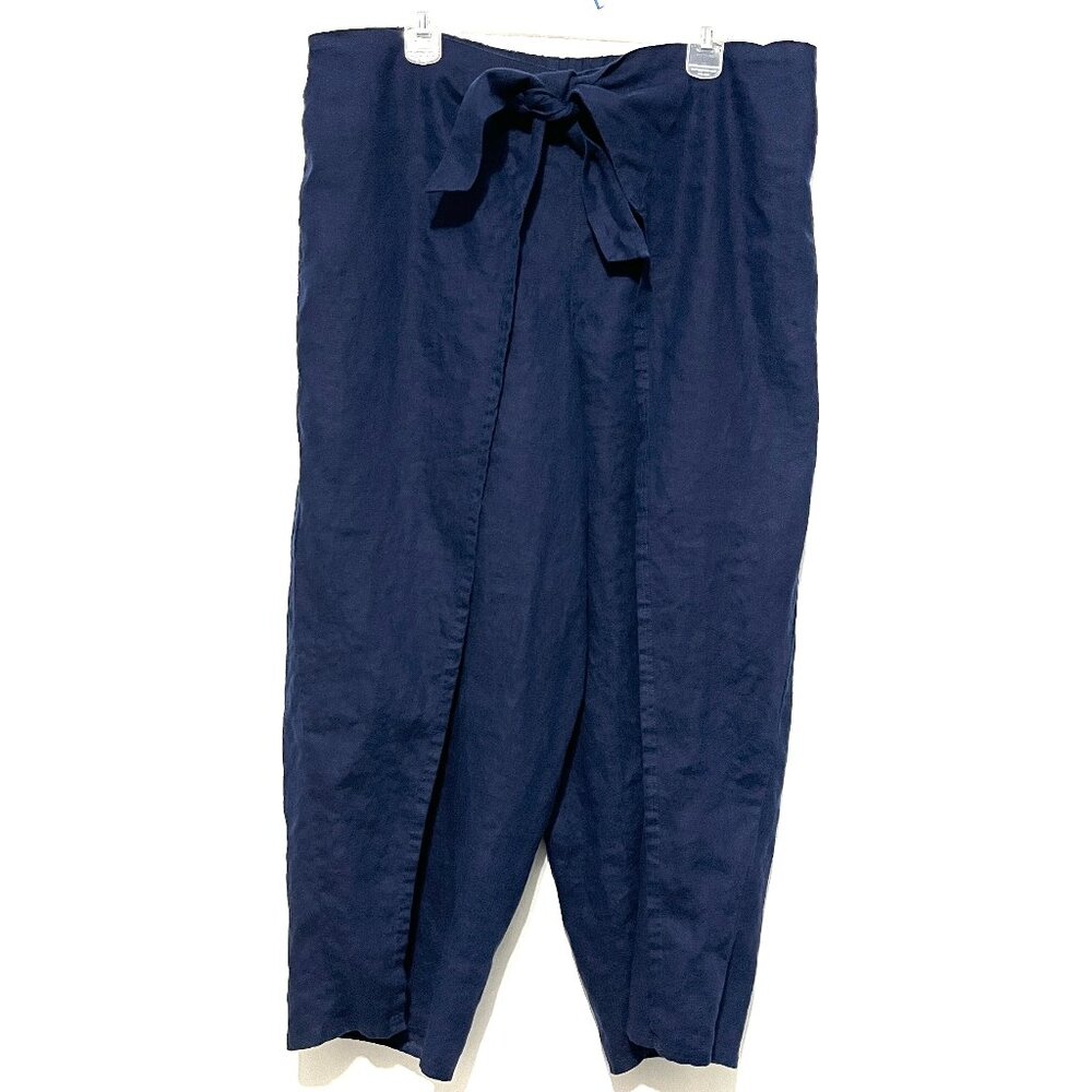 Lands End Womens Wide Leg Linen Pants 1X Coastal Navy Blue Open Side Tie Front